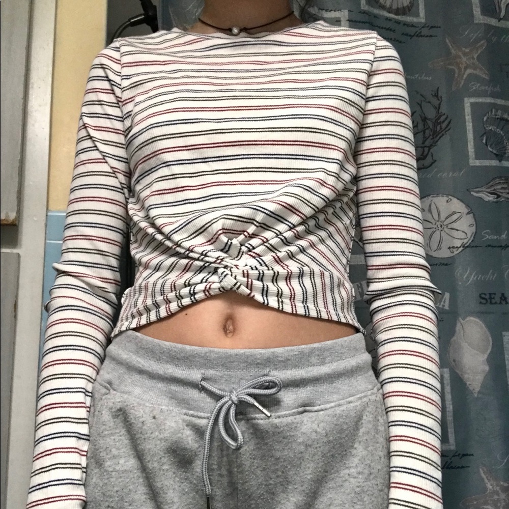 Red, blue, army green striped cropped long sleeve